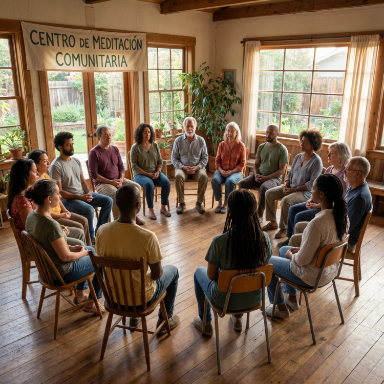 Diverse group sitting in a circle for meditation under a Centro de Meditación Comunitaria sign.