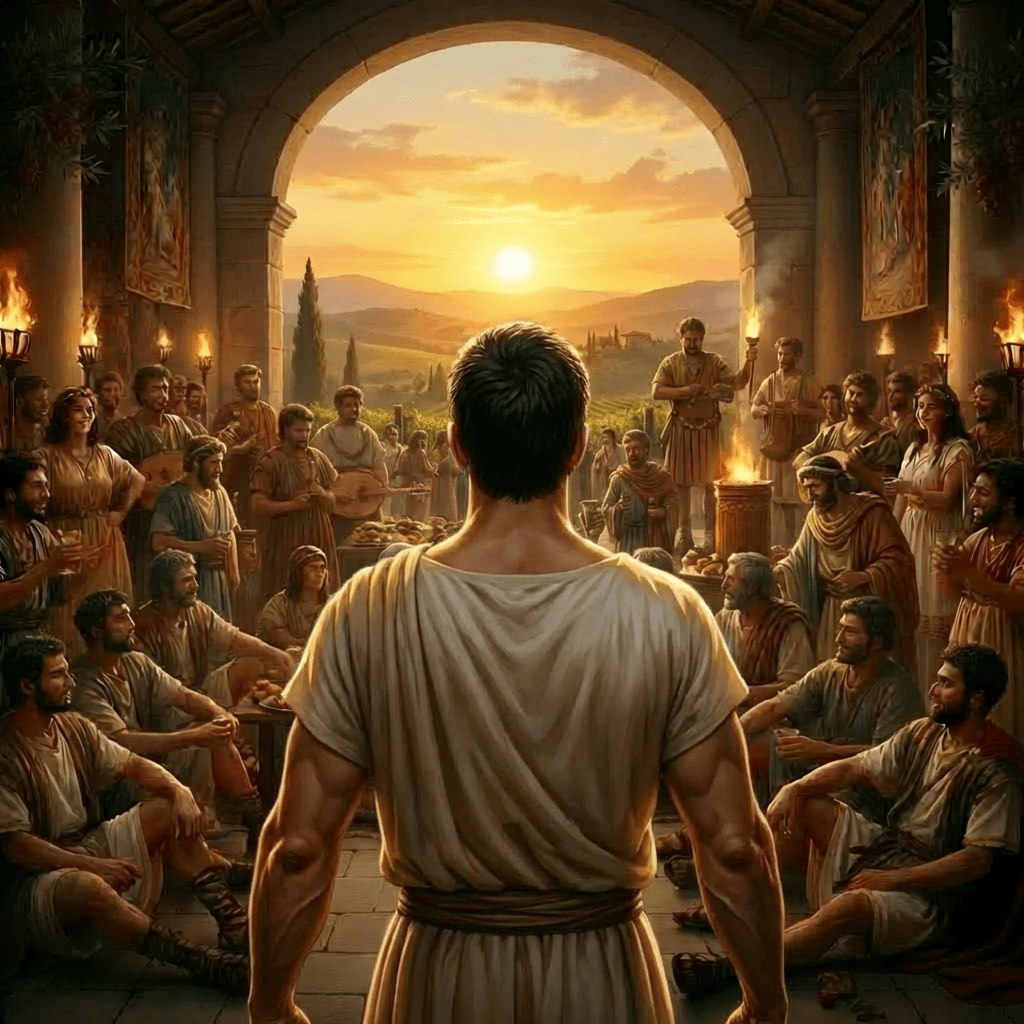 A Roman centurion and woman celebrating at a grand, festive banquet with many guests.