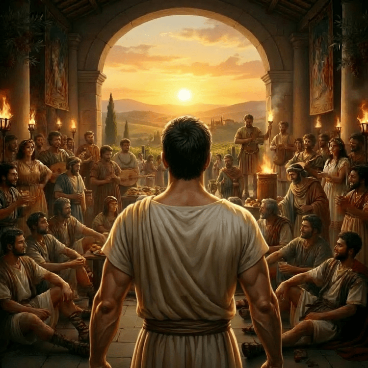 A Roman centurion and woman celebrating at a grand, festive banquet with many guests.