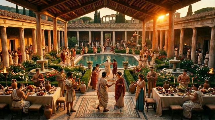 People feasting and dancing in an ancient Roman courtyard with a pool and gardens.