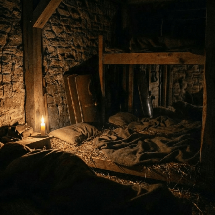 Several men in tunics sleep on straw-covered wooden bunks in a dark stone room.