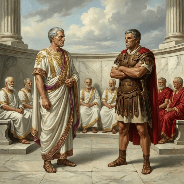 Two Roman centurions face a semi-circular assembly of seated men in white togas.