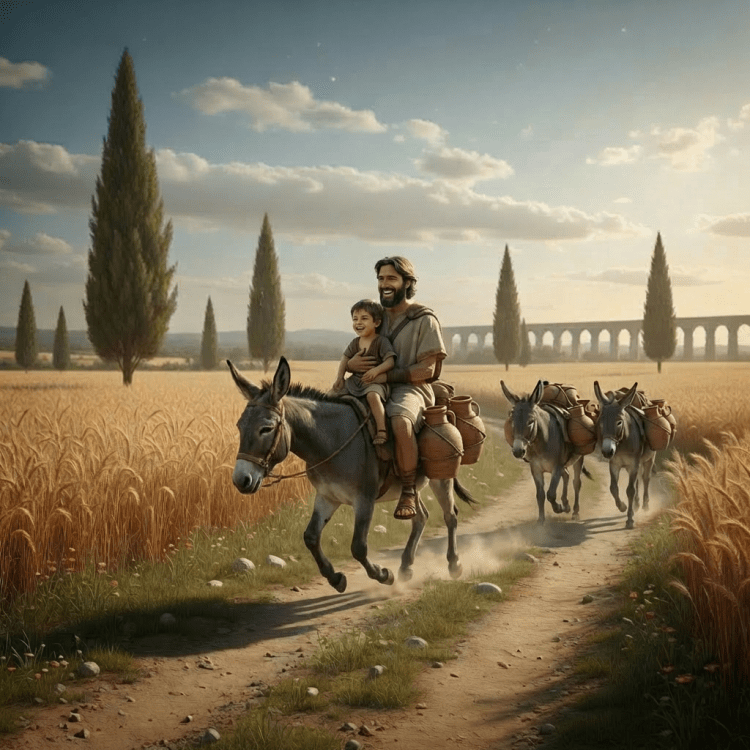 Man and child with donkeys at a stone trough in an ancient setting.