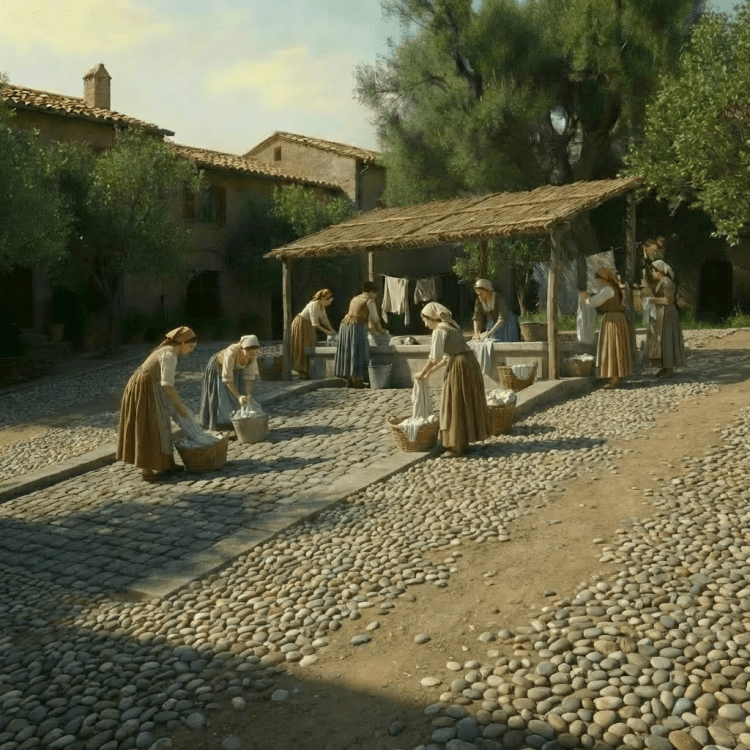 A sunlit gravel courtyard surrounded by rustic stone buildings and large olive trees.