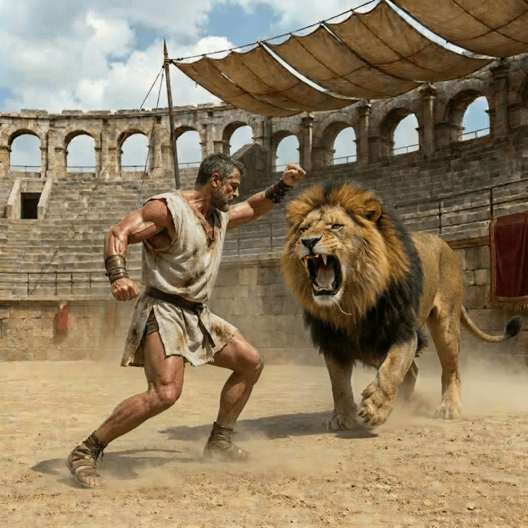 A muscular gladiator wrestling a roaring lion in a crowded ancient Roman coliseum.