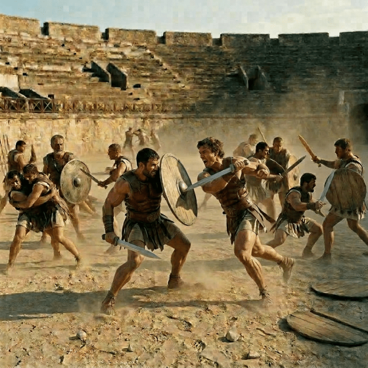 Roman legionnaires wearing helmets and tunics practicing combat with wooden swords and shields in an amphitheater