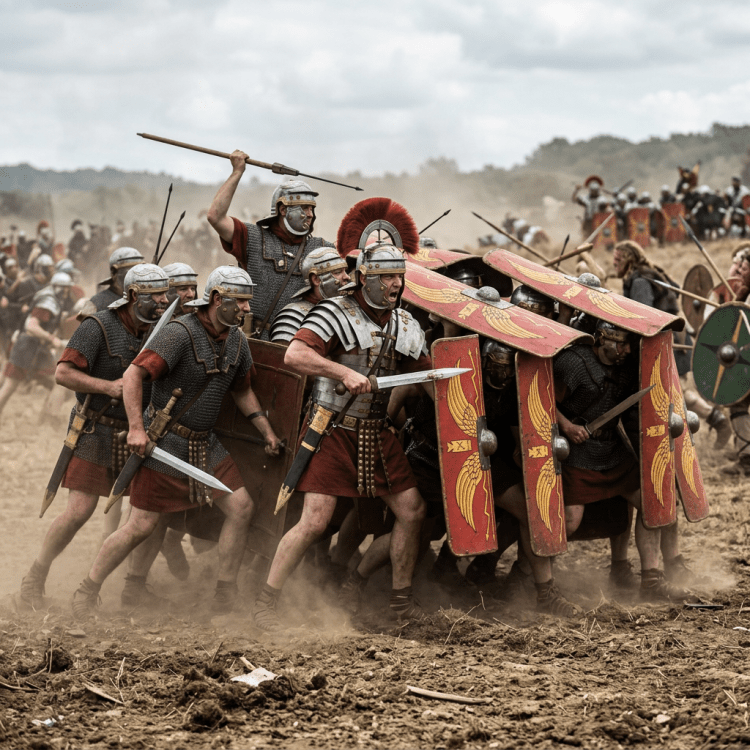 Roman legionaries in armor holding large red shields with golden wings, forming a testudo formation.