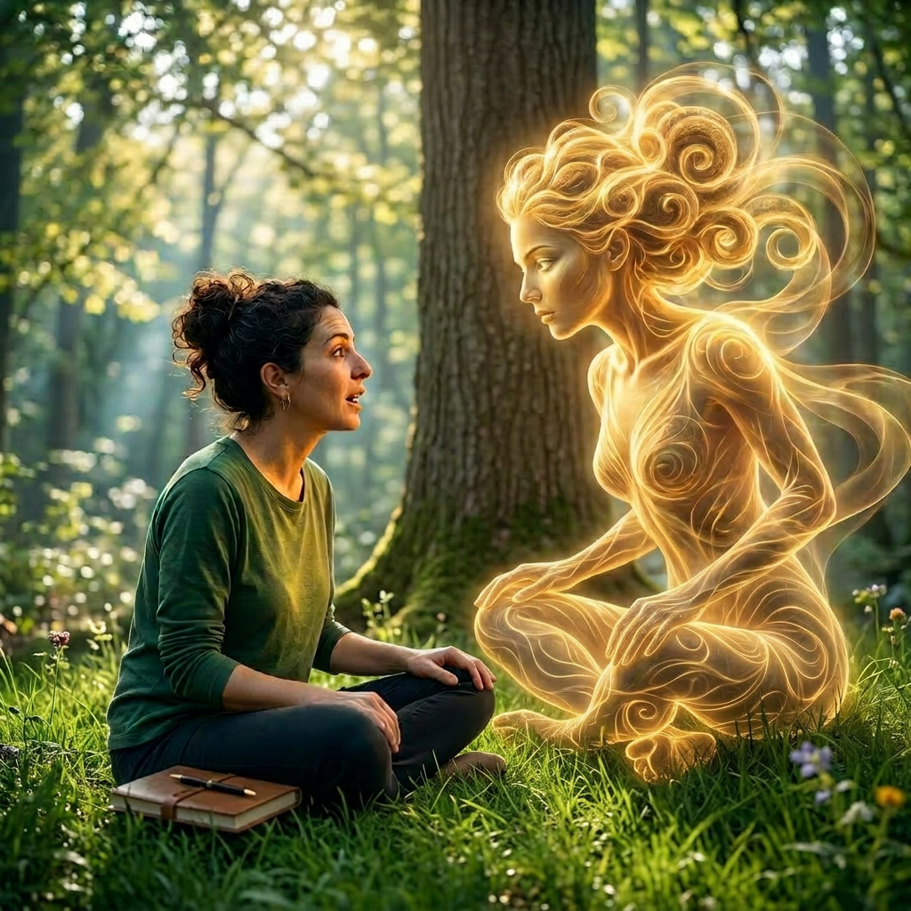 Woman with curly hair in green shirt applying skincare in bathroom mirror