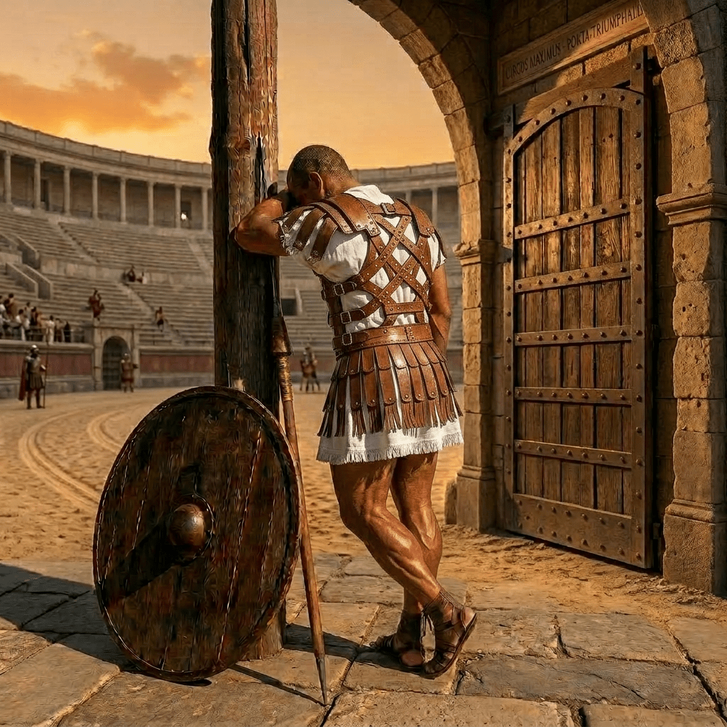 Roman soldier in leather armor leaning on post with shield and spear near wooden fort