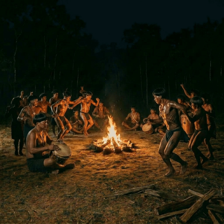 Indigenous group dancing and drumming around a bonfire at night
