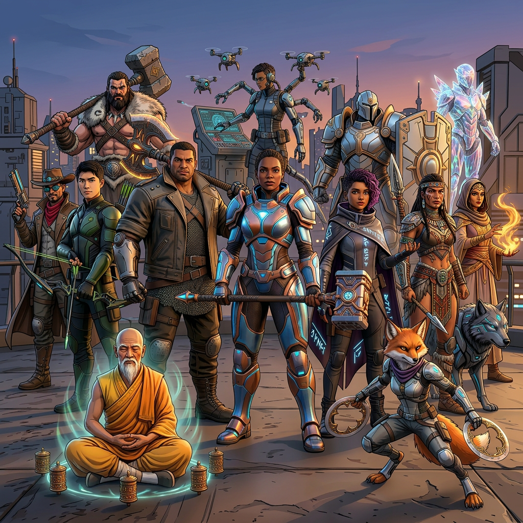Five futuristic heroes in distinctive armor and robes standing on a rooftop at sunset with a futuristic city in the background.