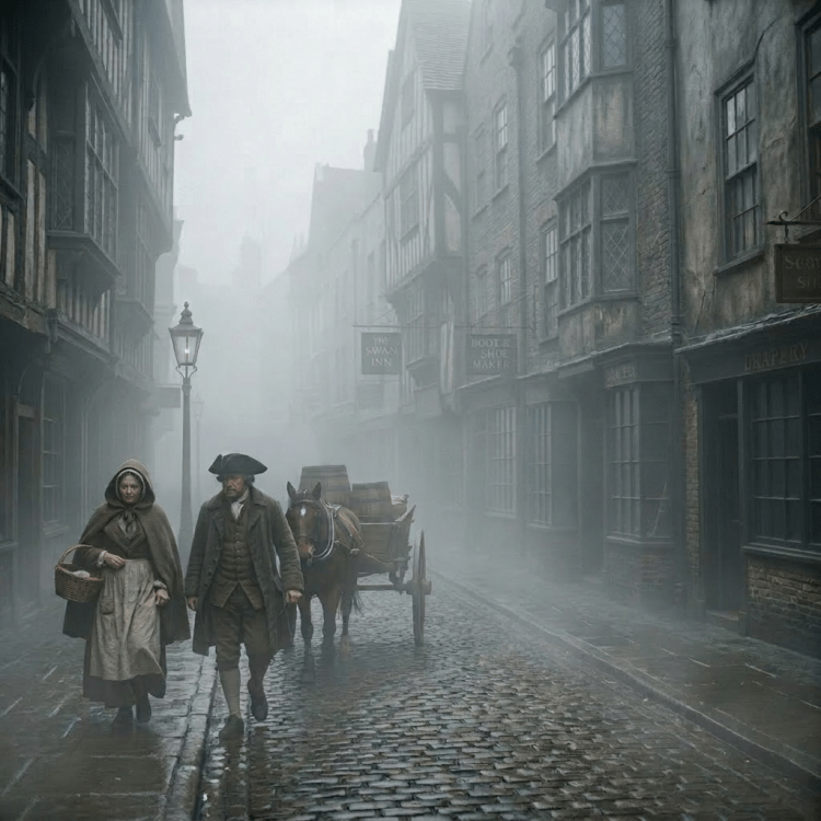Crowded 18th-century cobblestone street with townsfolk, horse cart, and old shops