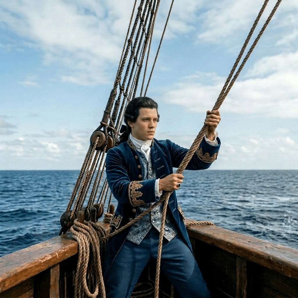 Sailor adjusting ropes on an 18th-century sailing ship with British flag sails
