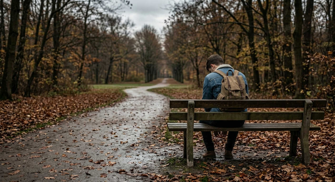 Young man wearing a hooded jacket sitting on a wooden bench in a leaf-covered park