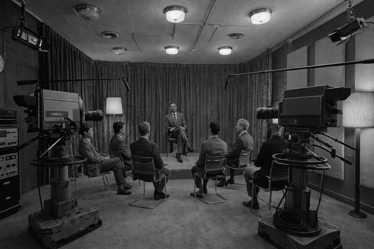 Seven men seated in a TV studio set with 'La Clave' title, vintage cameras labeled TVE, and a 1976 Madrid debate backdrop