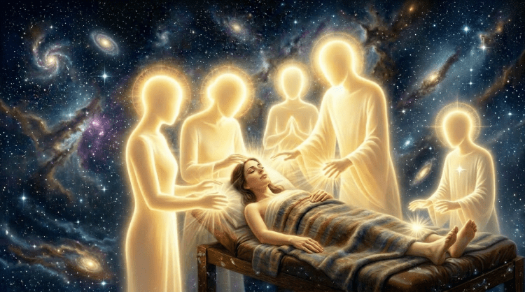 Four angels with glowing wings healing a woman lying on a wooden stretcher in a stone chapel