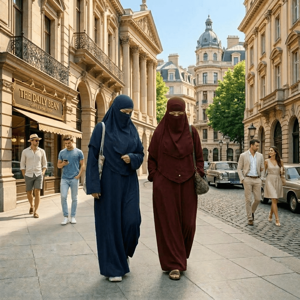 Center Muslim women; summer-dressed pedestrians; sunny day
