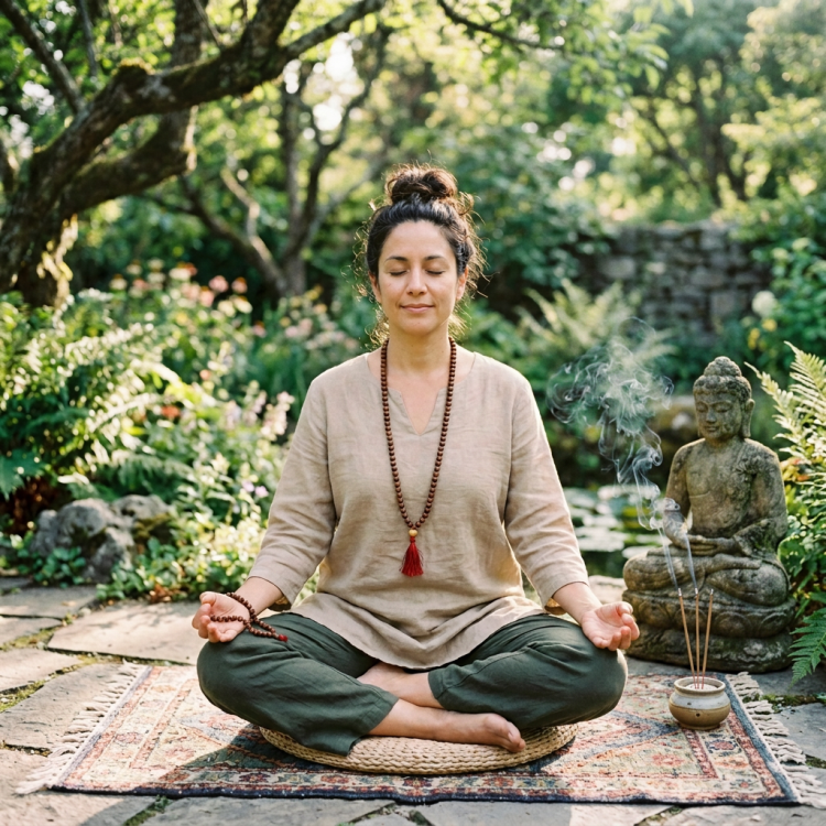 Add stone Buddha beside her, incense burning