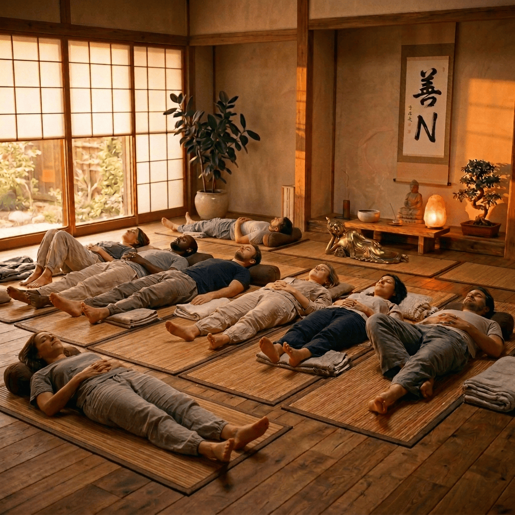 Personas en esteras individuales distribuidas por sala zen
