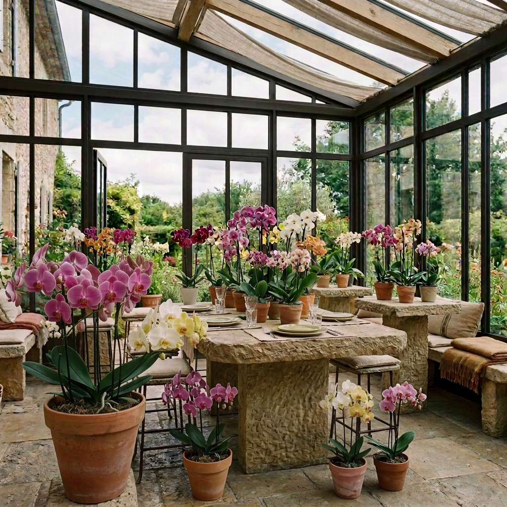 Stone dining table set with dishes and orchids in a glass conservatory