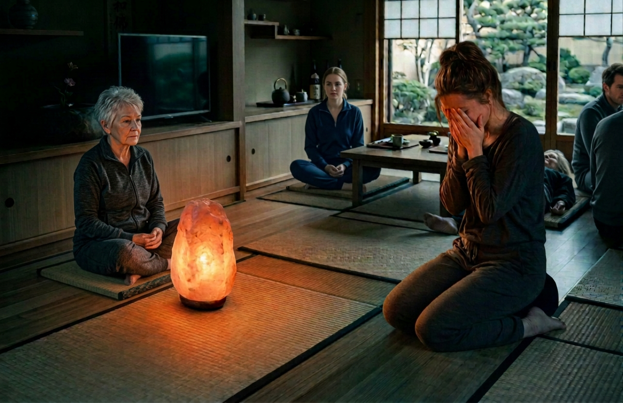 People preparing for meditation on cushions in a Japanese-inspired studio